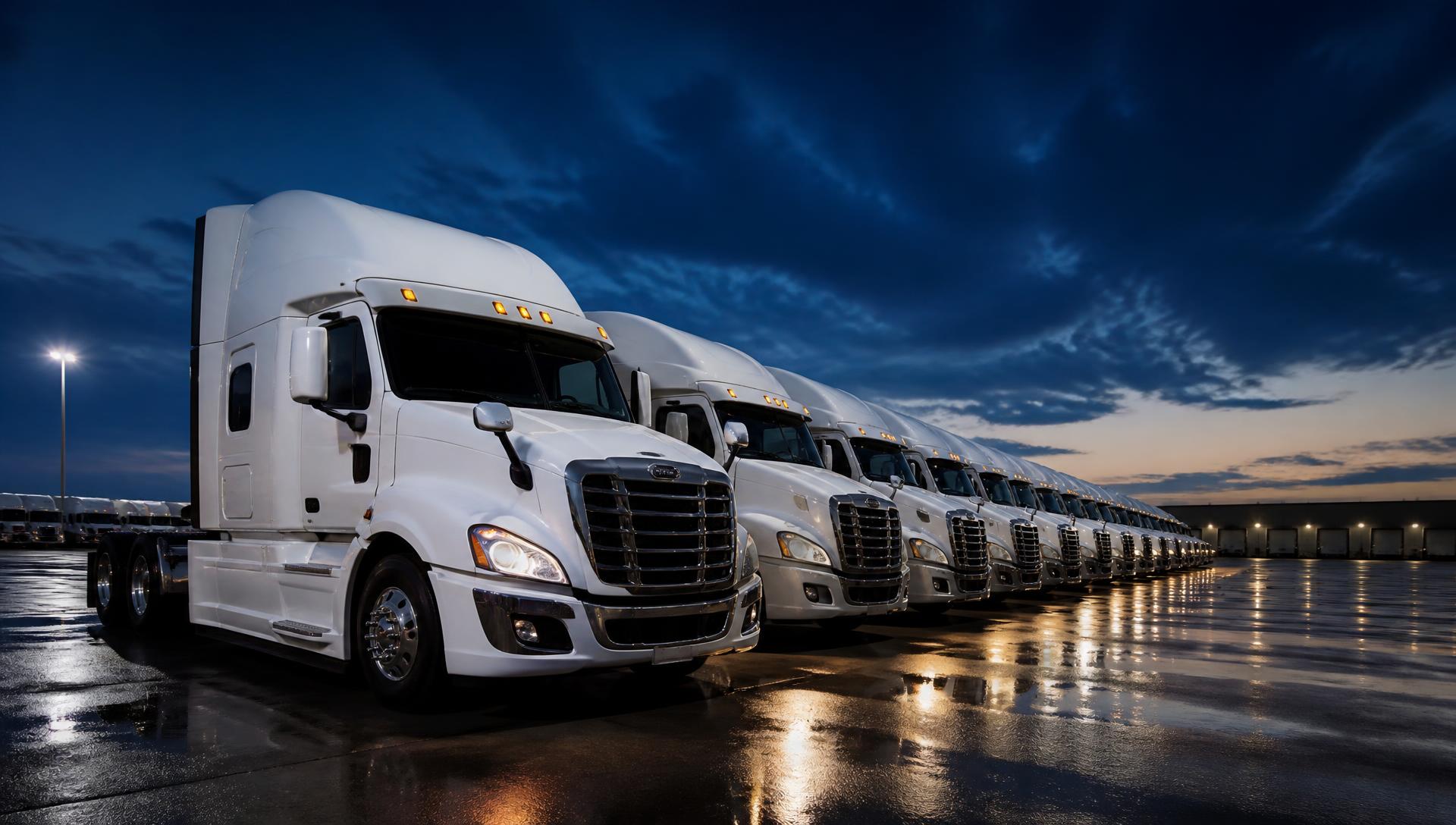 Row of clean white semi trucks parked in an Inland Empire fleet yard at dusk